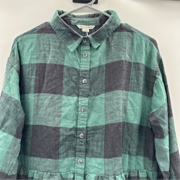 American Eagle Oversized Green & Black Buffalo Plaid Babydoll Flannel Shirt Sz S - Picture 3 of 9